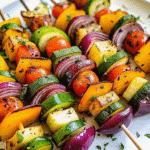 Colorful grilled vegetable kabobs with bell peppers, zucchini, mushrooms, and tomatoes charred on a grill.