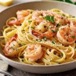 Lemon Garlic Shrimp Pasta served with tender shrimp, linguine, fresh parsley, and a light buttery lemon garlic sauce.