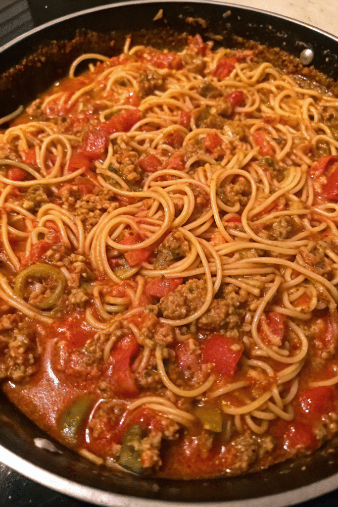 Close-up of Homestyle Skillet Spaghetti coated in thick tomato meat sauce with garlic and Italian seasoning
