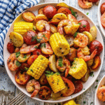 Sheet Pan Shrimp Boil with roasted shrimp, corn, potatoes, and smoked sausage coated in garlic butter and Old Bay seasoning.