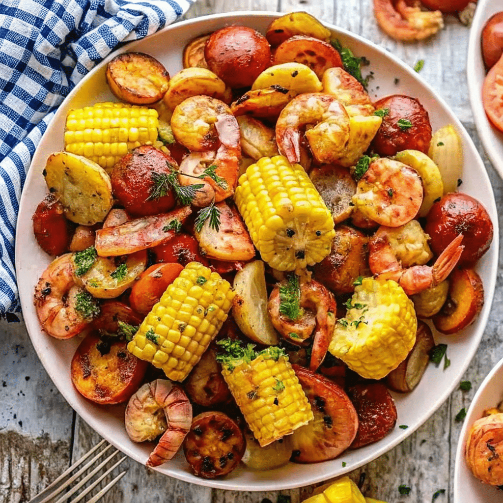Sheet Pan Shrimp Boil with roasted shrimp, corn, potatoes, and smoked sausage coated in garlic butter and Old Bay seasoning.