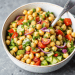Bowl of High Protein Chickpea Salad with chickpeas, cucumber, cherry tomatoes, red onion, bell pepper, and herbs in lemon dressing.