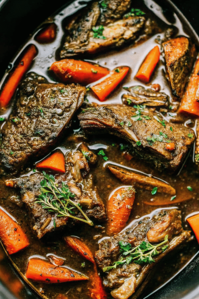 Close-up of Crock Pot Barbecue Ribs with juicy beef short ribs, carrots, and onions coated in a thick herb-infused barbecue-style sauce.