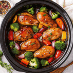 Creamy Crock Pot Lemon Herb Chicken served in a bowl with tender chicken breasts in a garlic Parmesan herb sauce, garnished with fresh parsley.