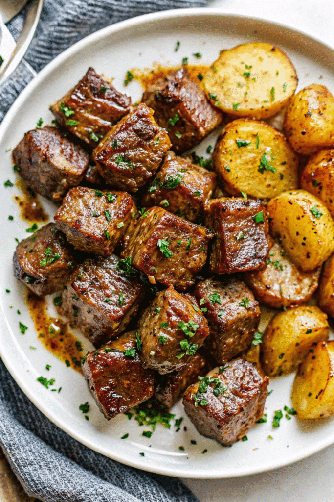 Garlic Butter Steak Bites 3 Close-up of Garlic Butter Steak Bites with seared sirloin cubes, buttery garlic sauce, and crispy roasted potatoes in a pan.