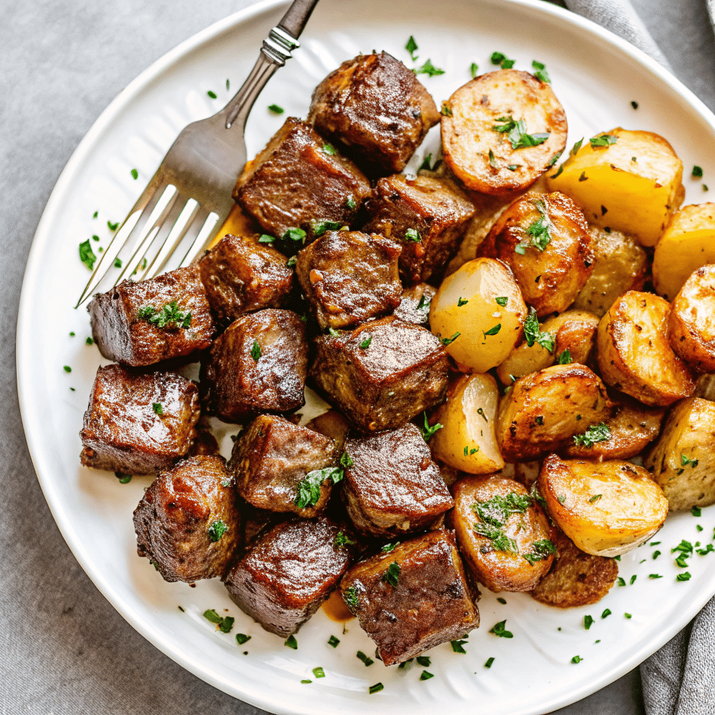 Garlic Butter Steak Bites served in a skillet with golden baby potatoes, coated in melted garlic butter and fresh parsley.