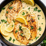 Lemon garlic chicken in a skillet with creamy sauce, fresh parsley, and lemon slices