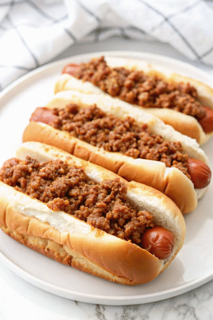 Homemade Hot Dog Chili simmered with ketchup, chili powder, and ground beef, shown as a smooth sauce for classic hot dogs.