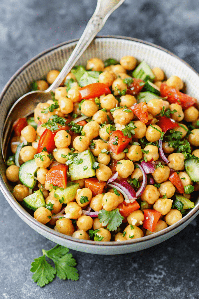 Fresh High Protein Chickpea Salad mixed with chickpeas, diced vegetables, and herbs, lightly coated in a lemon Dijon olive oil dressing.