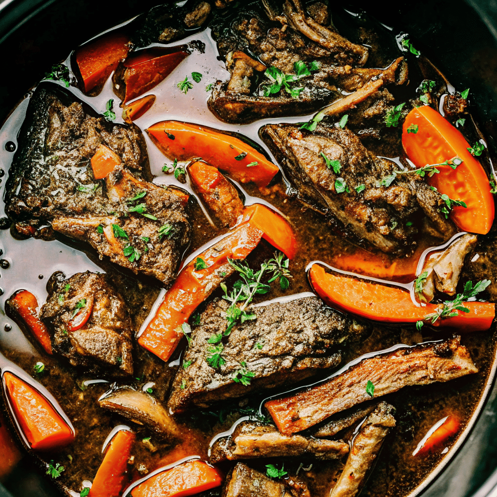 Slow cooked Crock Pot Barbecue Ribs made with beef short ribs, onions, carrots, and herbs in a rich savory sauce, served tender and fall-apart style.