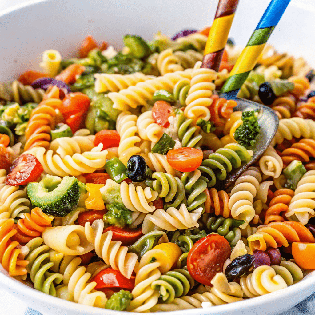 Bowl of Quick High Protein Pasta Salad with tri-color pasta, cherry tomatoes, broccoli, bell peppers, and olives in Italian dressing.