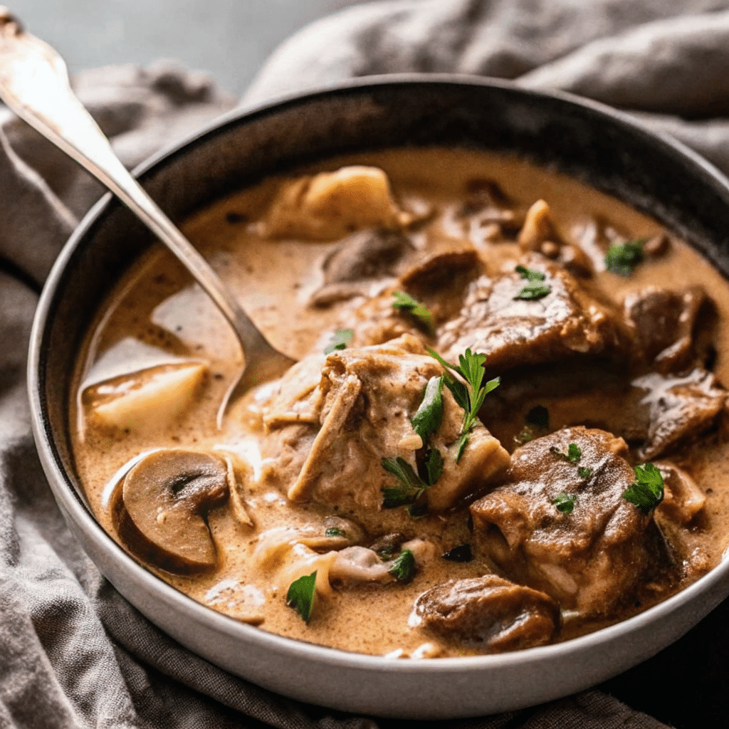 Slow Cooker Beef Stroganoff with tender beef, mushrooms, and creamy sauce served over egg noodles in a white bowl.