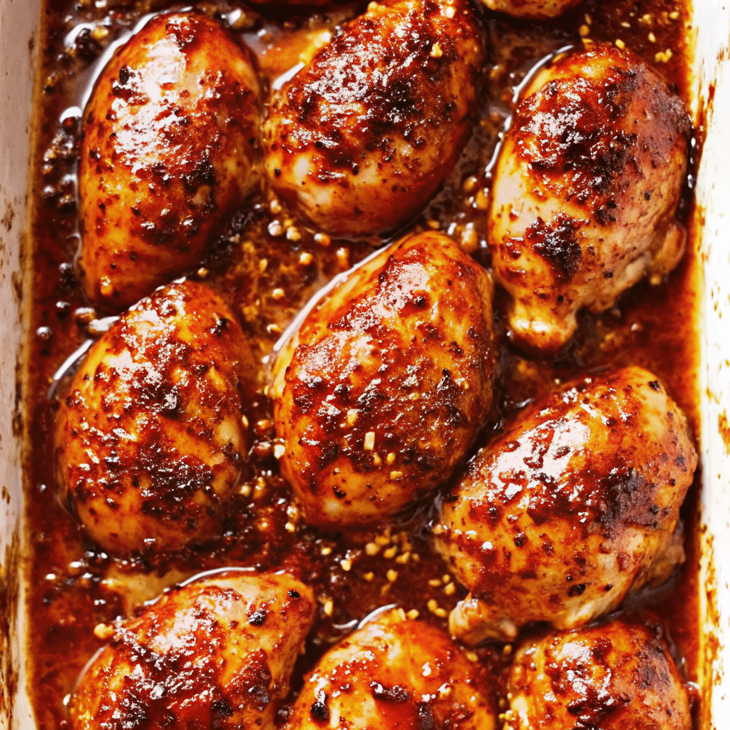 Honey Garlic Chicken Thighs baked with a glossy caramelized sauce and fresh garlic in a rustic dish