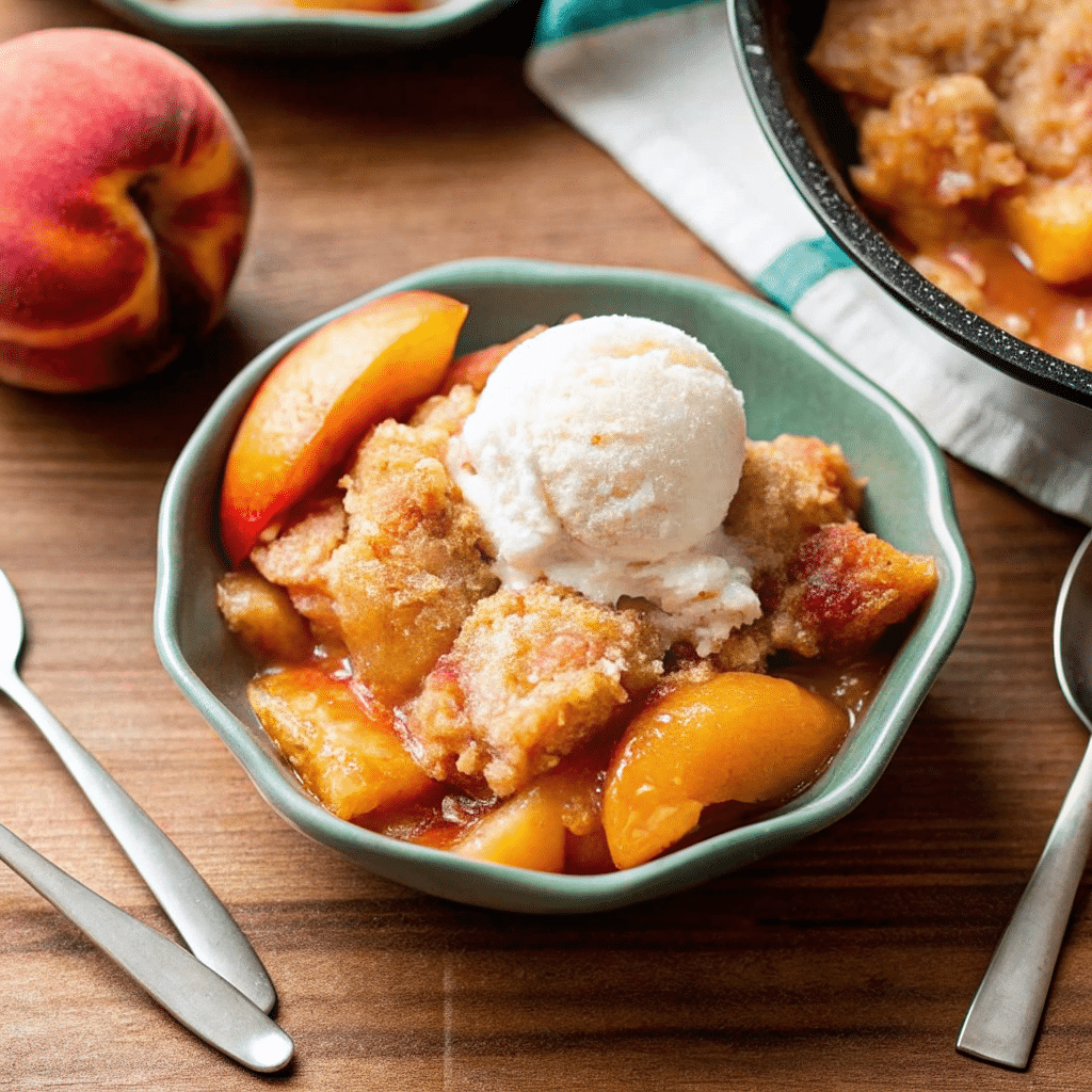 Crock Pot Peach Cobbler with soft baked peaches and golden cinnamon topping in a slow cooker.