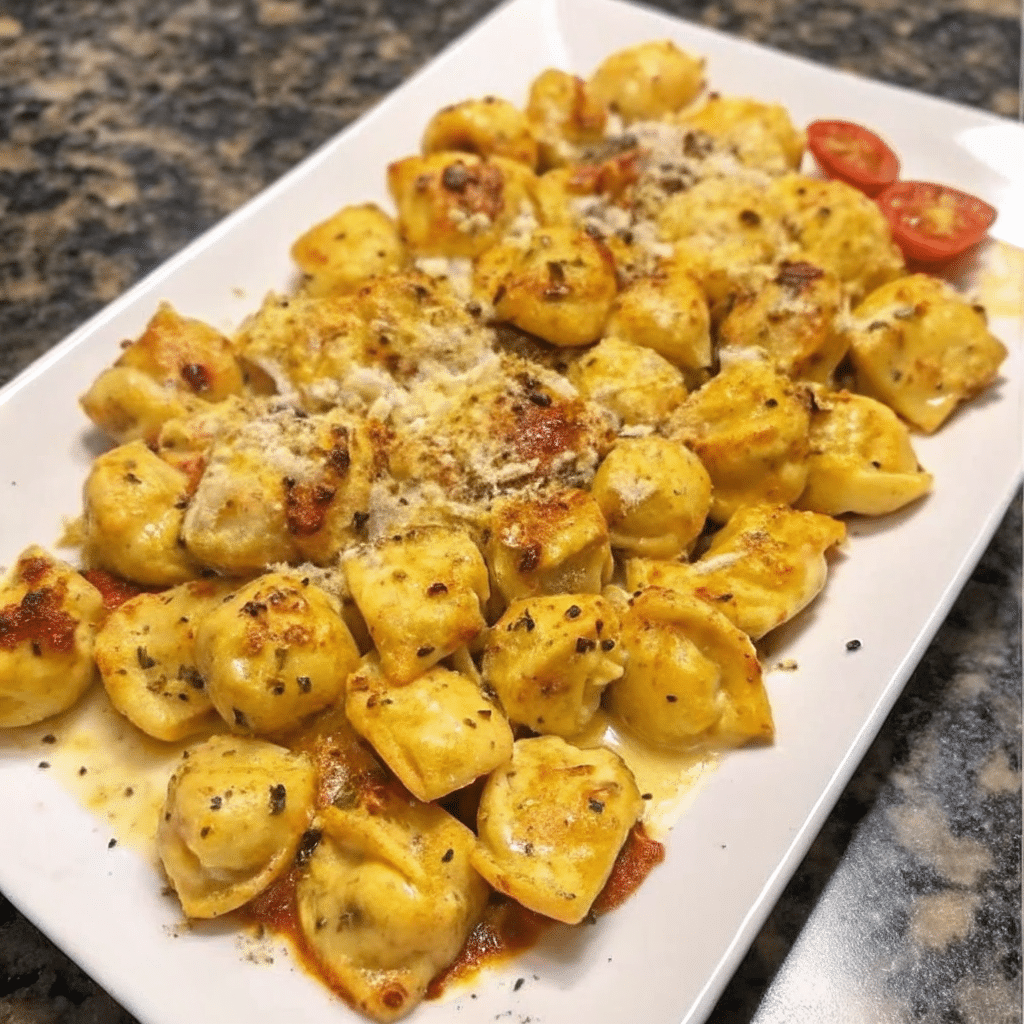 Marry Me Chicken Tortellini Skillet with creamy Parmesan sauce, tender chicken, and sun-dried tomatoes in a pan