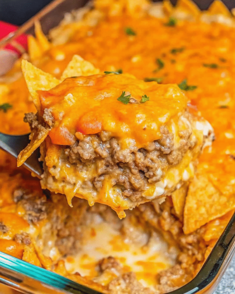 Close-up of Cheesy Hashbrown Dorito Casserole topped with crunchy Doritos and bubbly melted cheese in a baking dish.