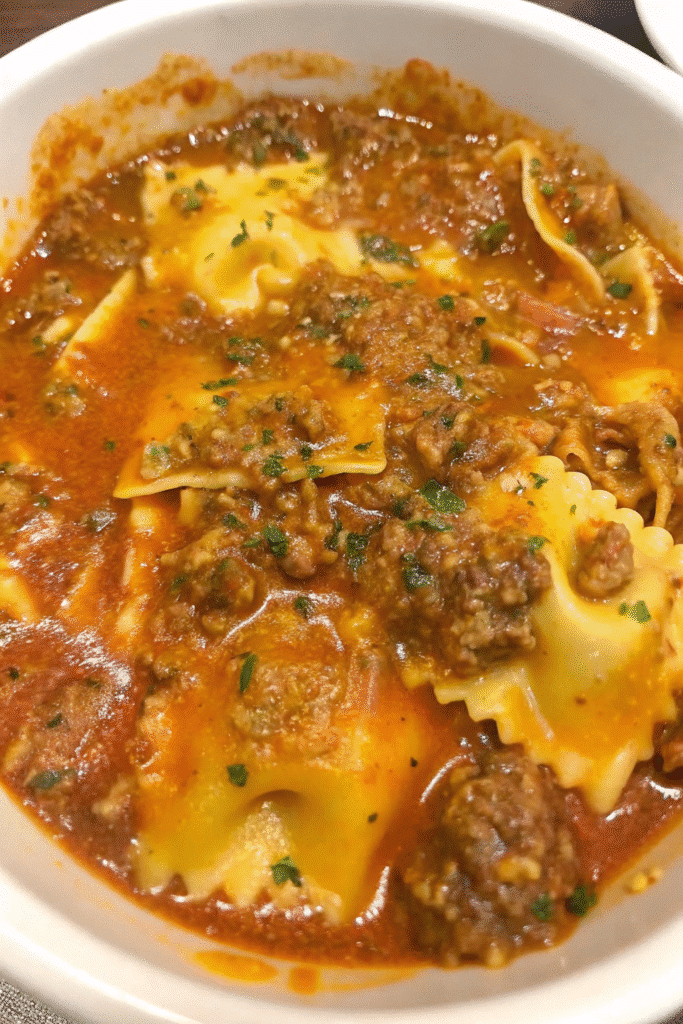 Close-up of Cheesy Slow Cooker Lasagna with gooey mozzarella, ricotta layers, and meat sauce cooked in a crockpot