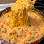 A bowl of Cheesy Taco Spaghetti topped with melted Monterey Jack cheese, seasoned ground beef, and diced tomatoes with green chiles.