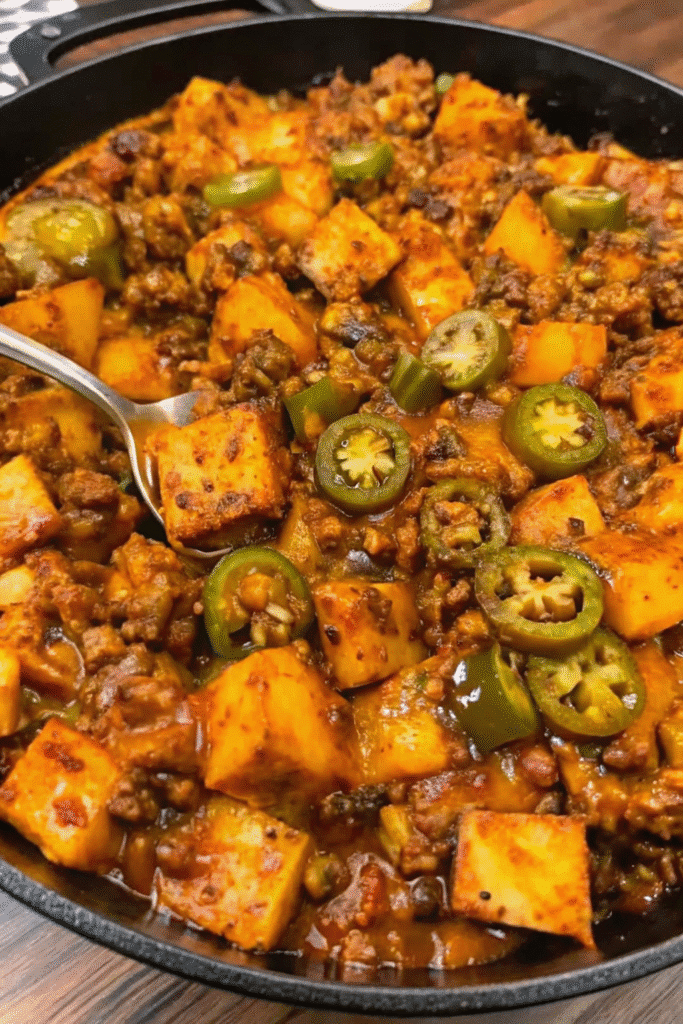 Close-up of Chili Cheese Potato Skillet topped with cheddar cheese, chili beef mixture, potatoes, sour cream, and jalapeños.