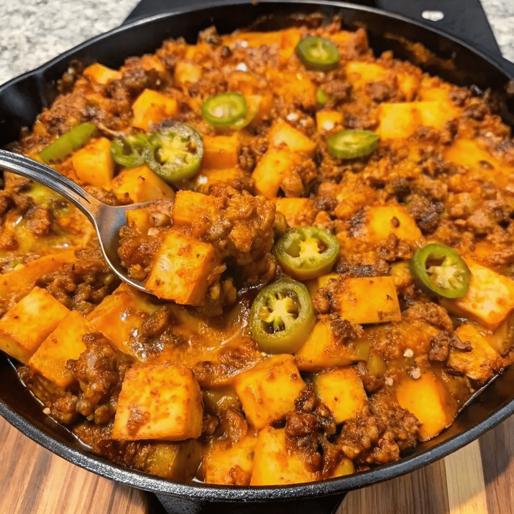 Chili Cheese Potato Skillet with crispy potatoes, seasoned ground beef, melted cheddar cheese, and green onions in a cast iron pan.