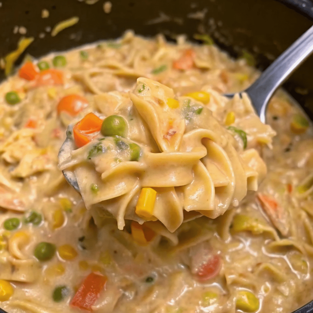 Crockpot Creamy Chicken with shredded chicken, egg noodles, and mixed vegetables in a rich creamy sauce