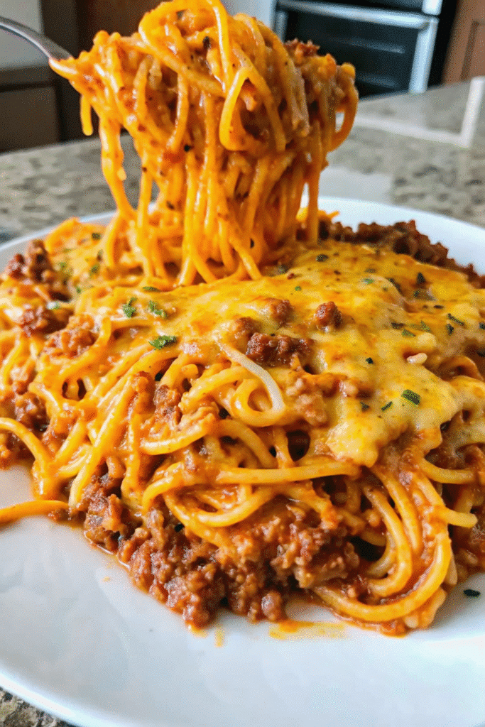 Close-up of Garlic Butter Beef Spaghetti with melted cheese, buttery beef sauce, and perfectly coated pasta strands.