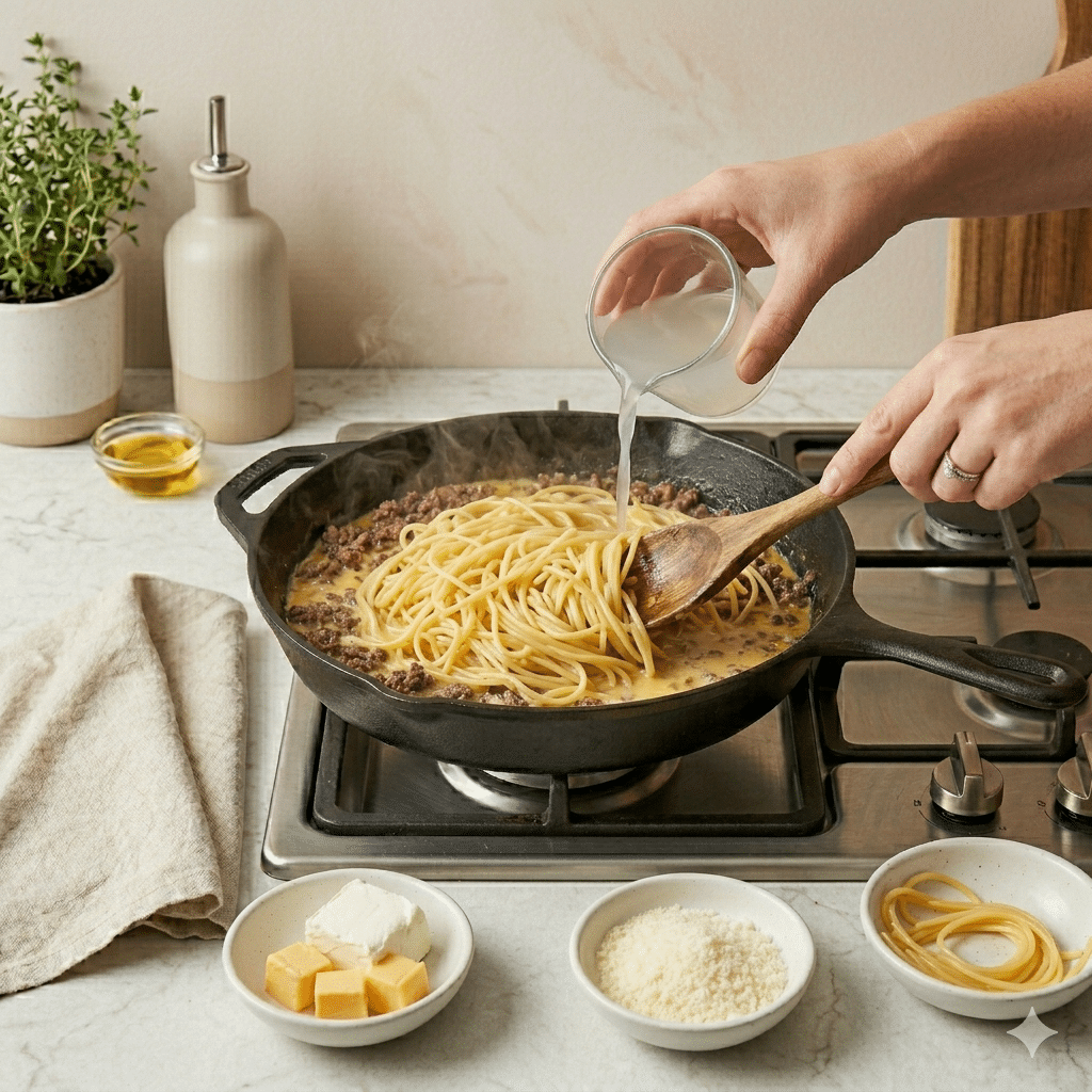 Cooked spaghetti tossed in creamy garlic butter beef sauce until glossy and fully coated.