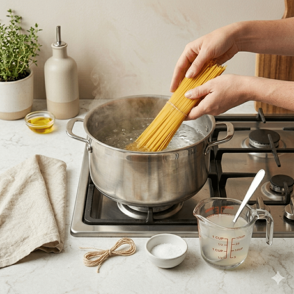 Spaghetti boiling in a large pot while pasta water is reserved for Garlic Butter Beef Spaghetti.
