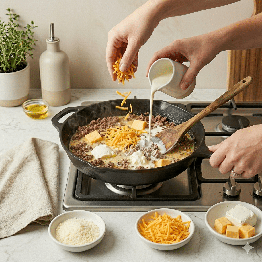 Butter, cream, cream cheese, Velveeta, cheddar, and Parmesan melting into a creamy beef sauce