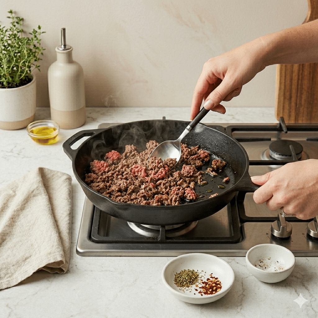 Ground beef browning in a skillet with Italian seasoning, garlic, salt, pepper, and spices for Garlic Butter Beef Spaghetti