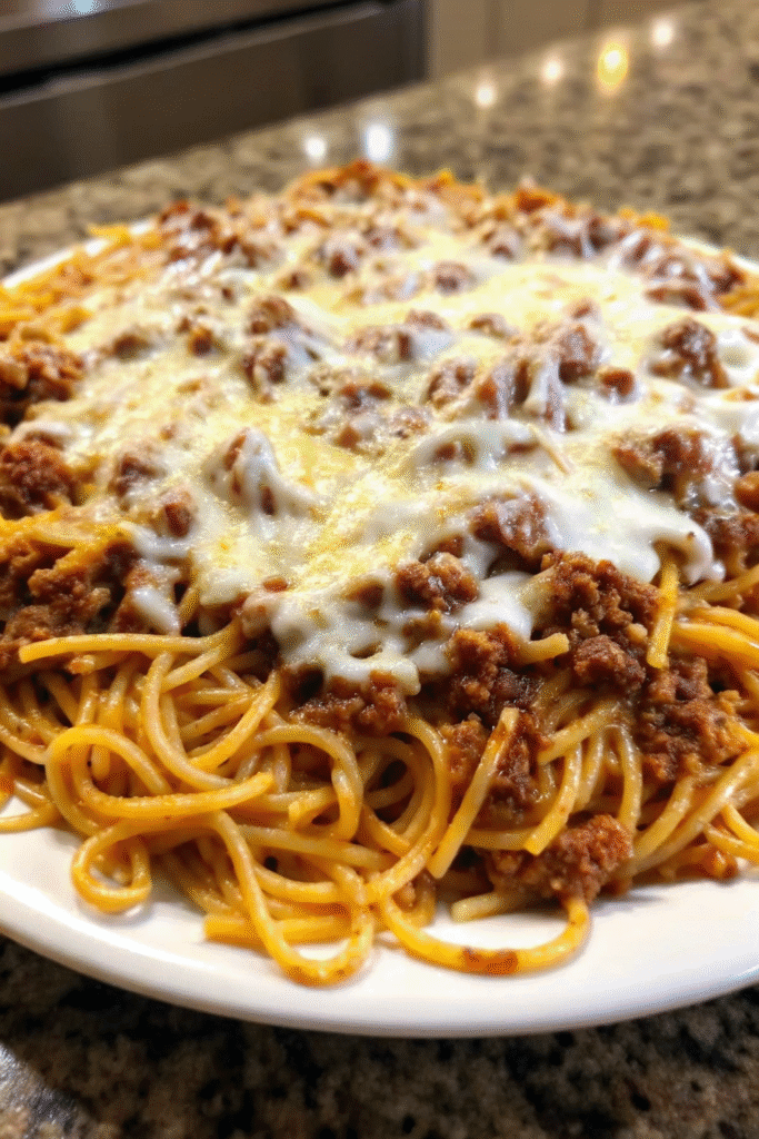 Old Fashioned Beef Spaghetti topped with Parmesan cheese and parsley in a creamy garlic beef sauce.
