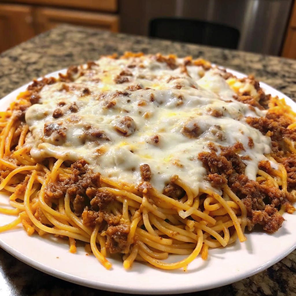 Creamy Old Fashioned Beef Spaghetti served in a bowl with seasoned ground beef, melted cheese sauce, and fresh parsley garnish.