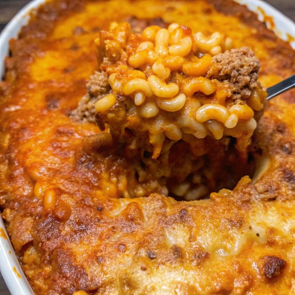 Cheesy Mac And Cheese Lasagna baked with layers of creamy macaroni, meat sauce, and melted mozzarella and cheddar cheese