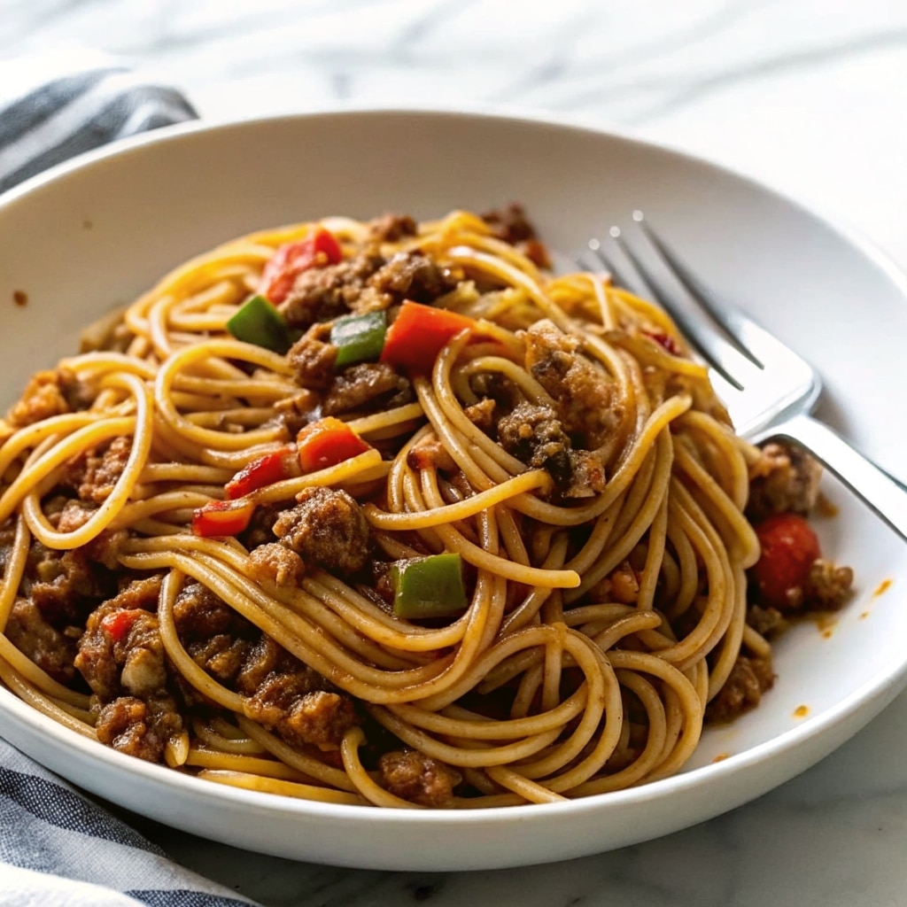 Dirty Spaghetti with ground beef, turkey sausage, bell peppers, and rich Cajun tomato gravy sauce