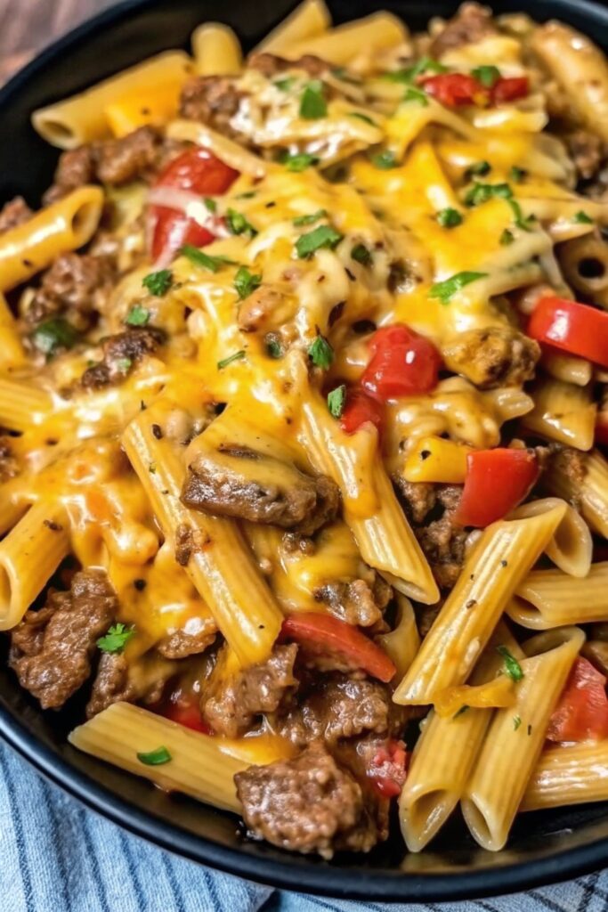 Close-up of Creamy Steak Bell Pepper Ranch Penne topped with parsley and melted cheddar cheese