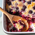 Golden baked Pioneer Woman Berry Cobbler with juicy blackberries and crisp sugary topping served warm with vanilla ice cream