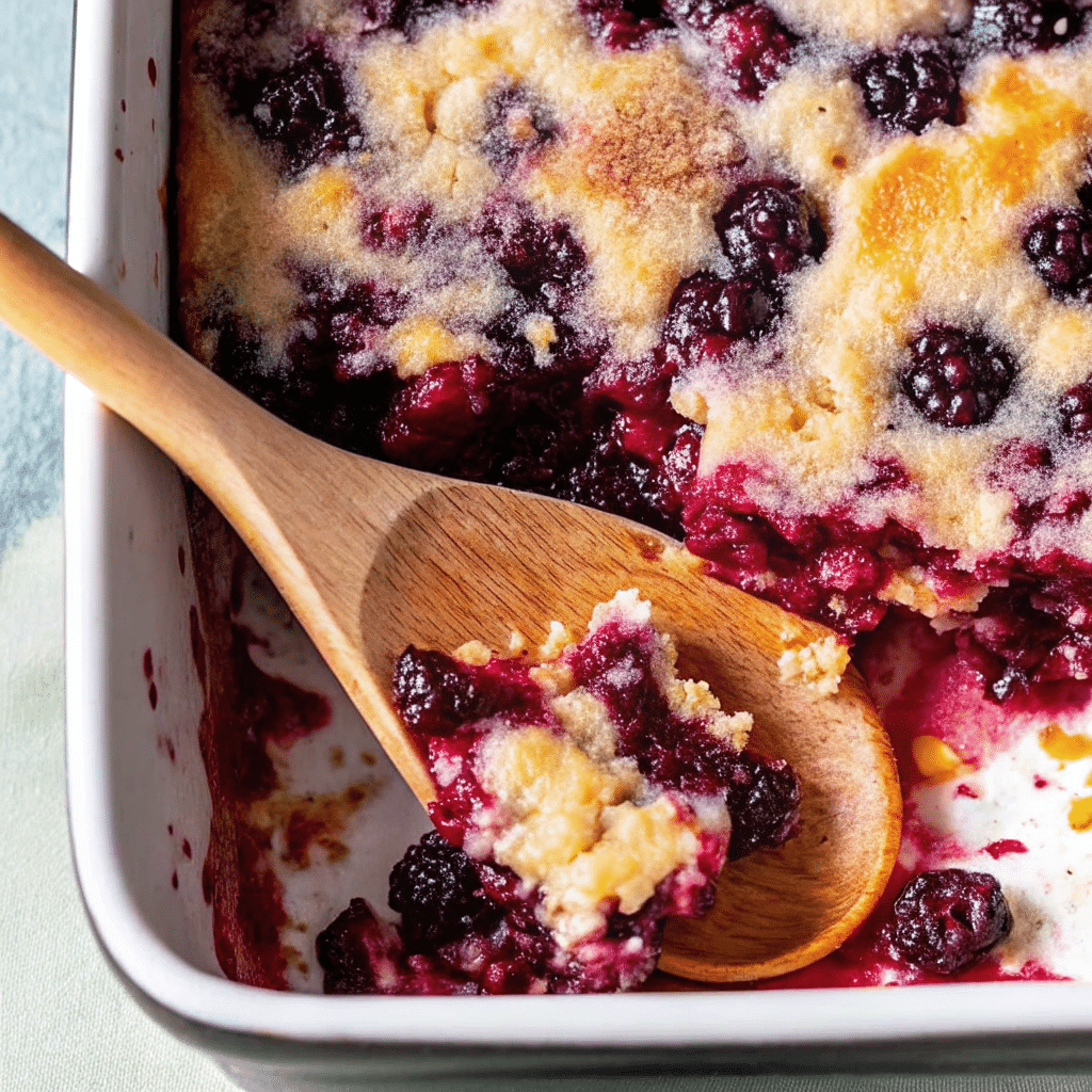Golden baked Pioneer Woman Berry Cobbler with juicy blackberries and crisp sugary topping served warm with vanilla ice cream