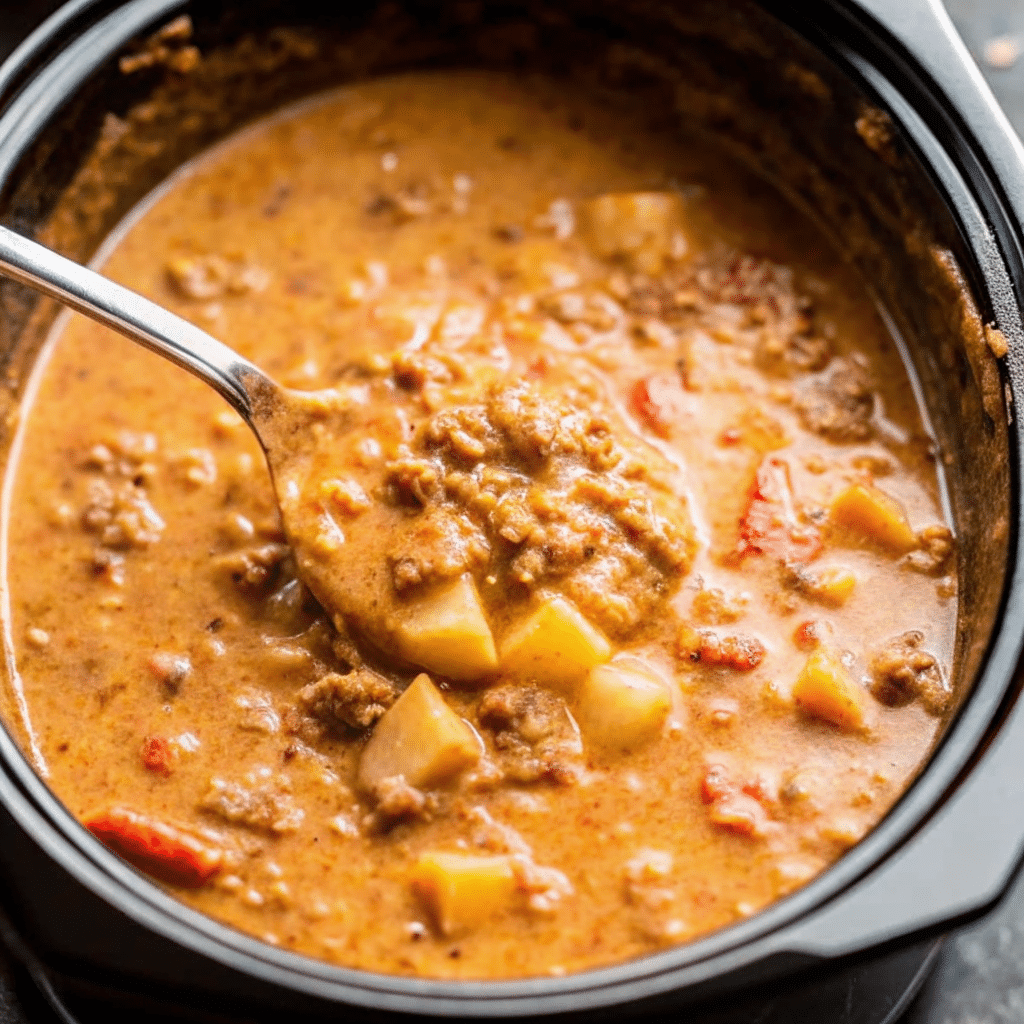 Crockpot Loaded Cheeseburger in a bowl with ground beef, tender potatoes, and melted cheddar cheese in a creamy broth