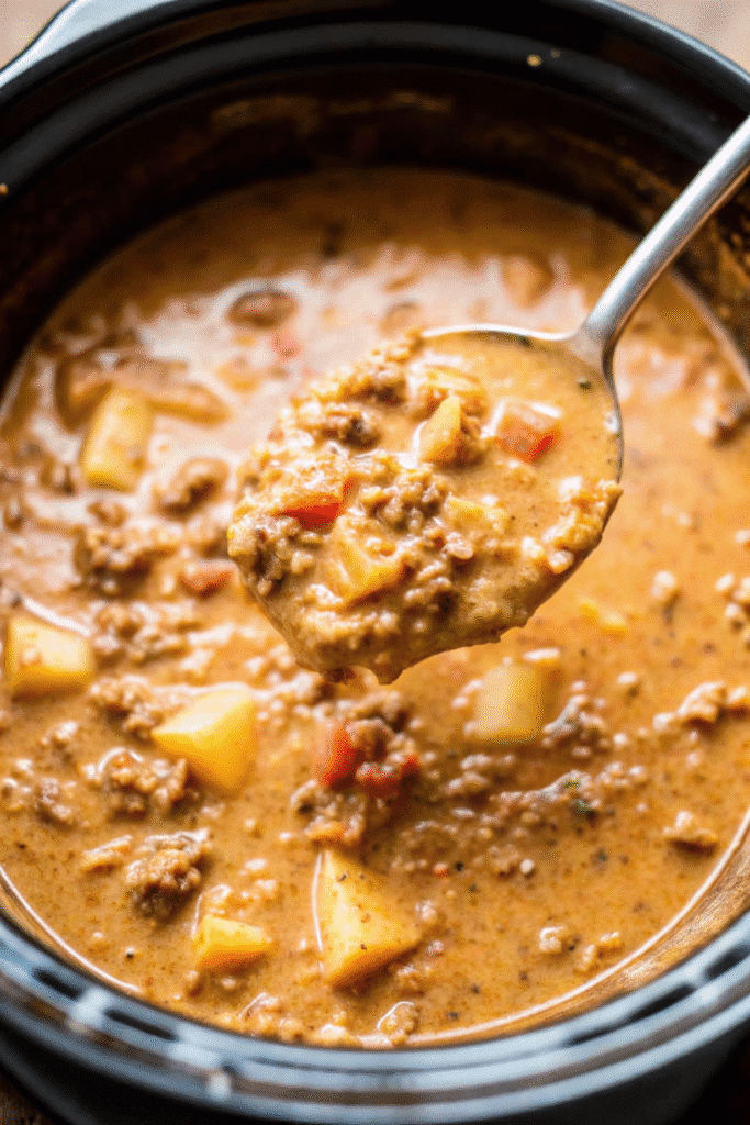 Close-up of Crockpot Loaded Cheeseburger soup topped with melted cheddar and chunks of potatoes and beef