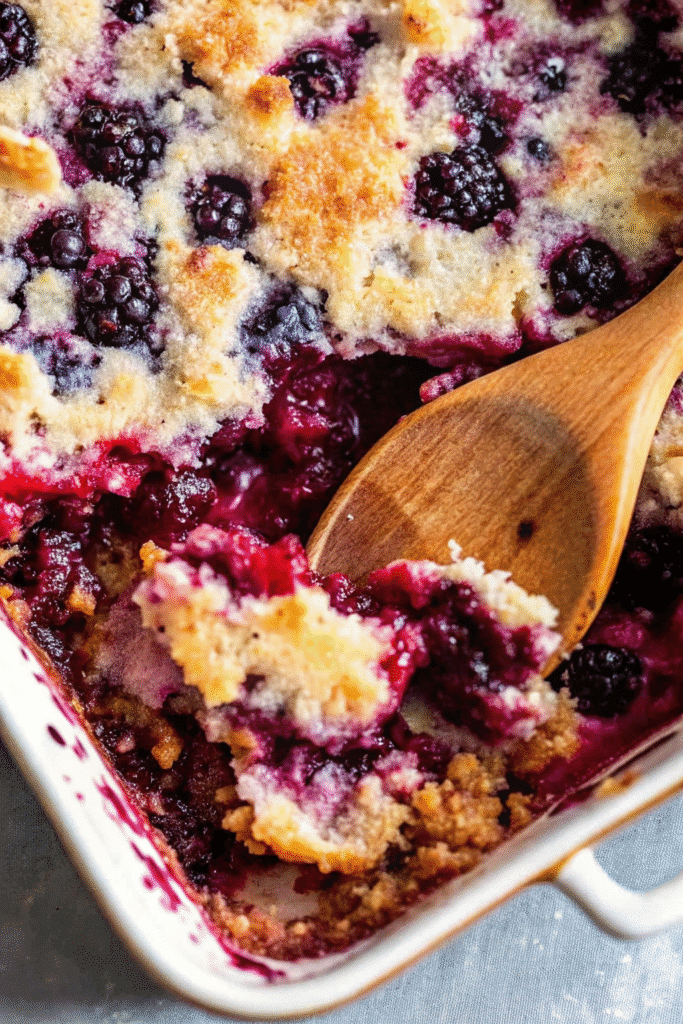 Close-up of Pioneer Woman Berry Cobbler showing soft cake-like base and rich blackberry filling in a baking dish