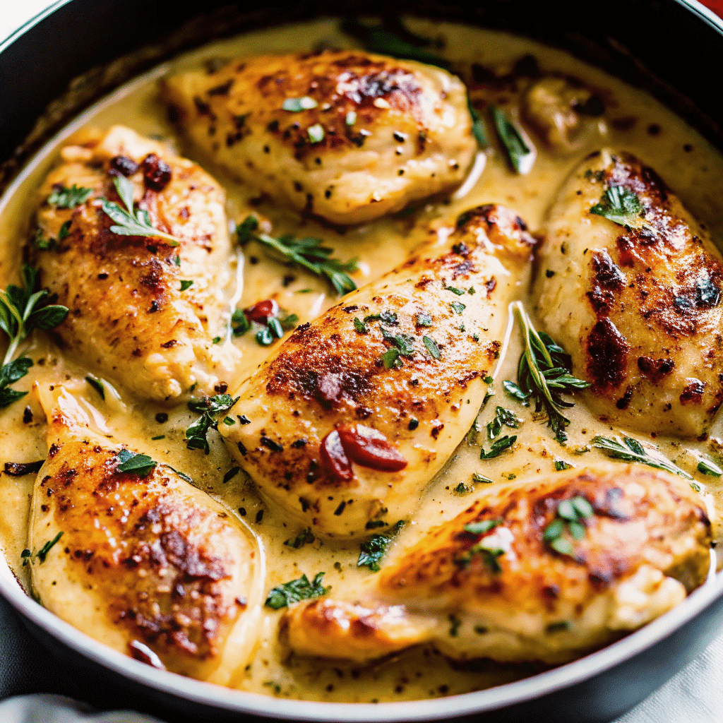 Skillet Tuscan Chicken in a pan with creamy garlic sauce, sun-dried tomatoes, spinach, and Parmesan-coated chicken breasts.