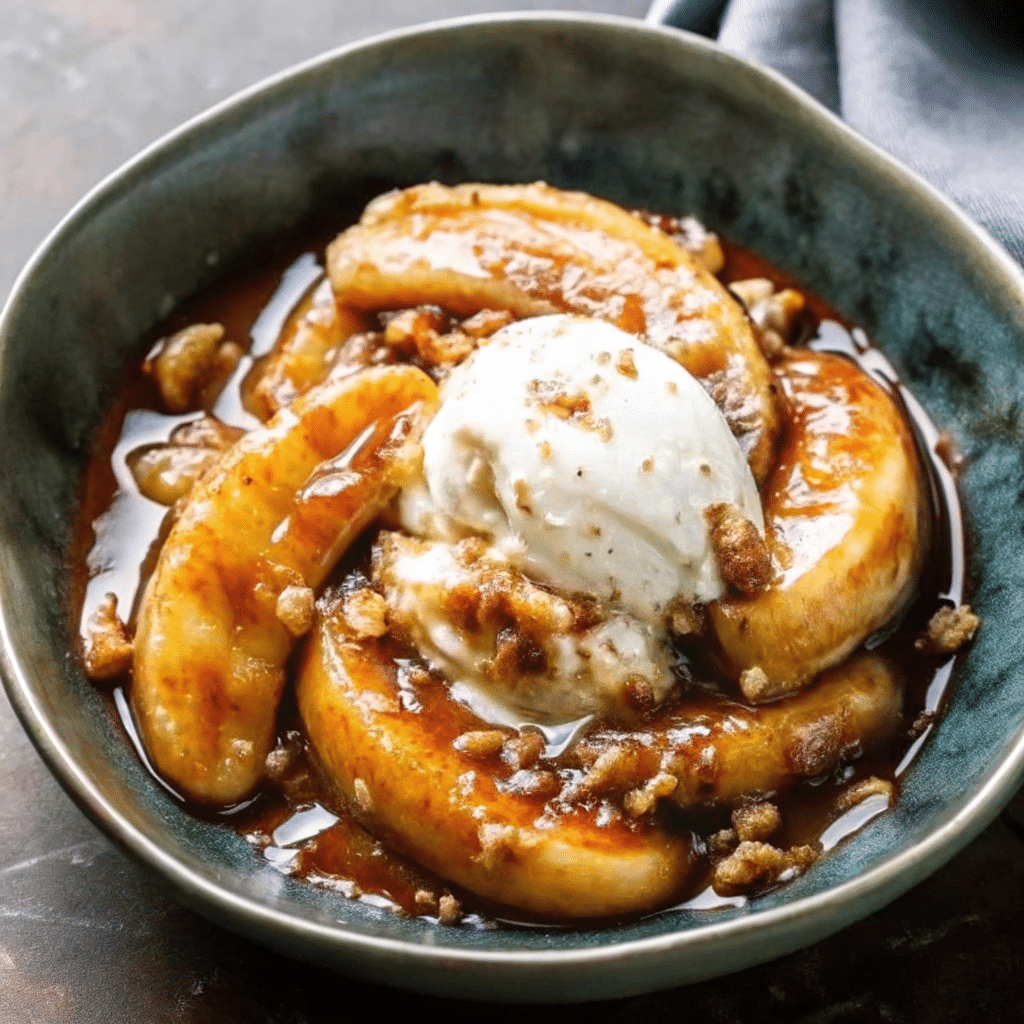 Bananas Foster served warm over vanilla ice cream with caramel sauce and walnuts in a skillet