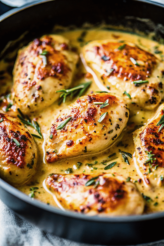 Creamy Skillet Tuscan Chicken served in a skillet with golden seared chicken, spinach, and rich Parmesan sun-dried tomato sauce.