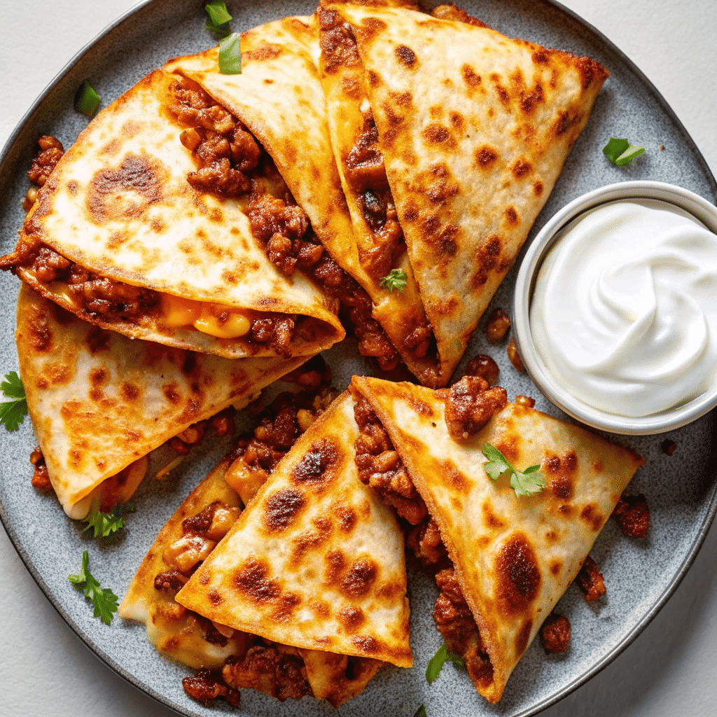 Golden crispy Ground Beef Quesadillas sliced into triangles, filled with seasoned beef and melted cheddar and Monterey Jack cheese, served with sour cream and cilantro.