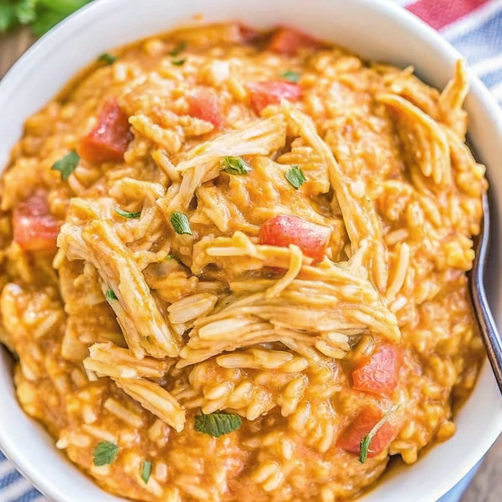Bowl of Crockpot Taco Chicken And Rice made with shredded chicken, cheesy Mexican rice, and diced tomatoes, topped with fresh cilantro.
