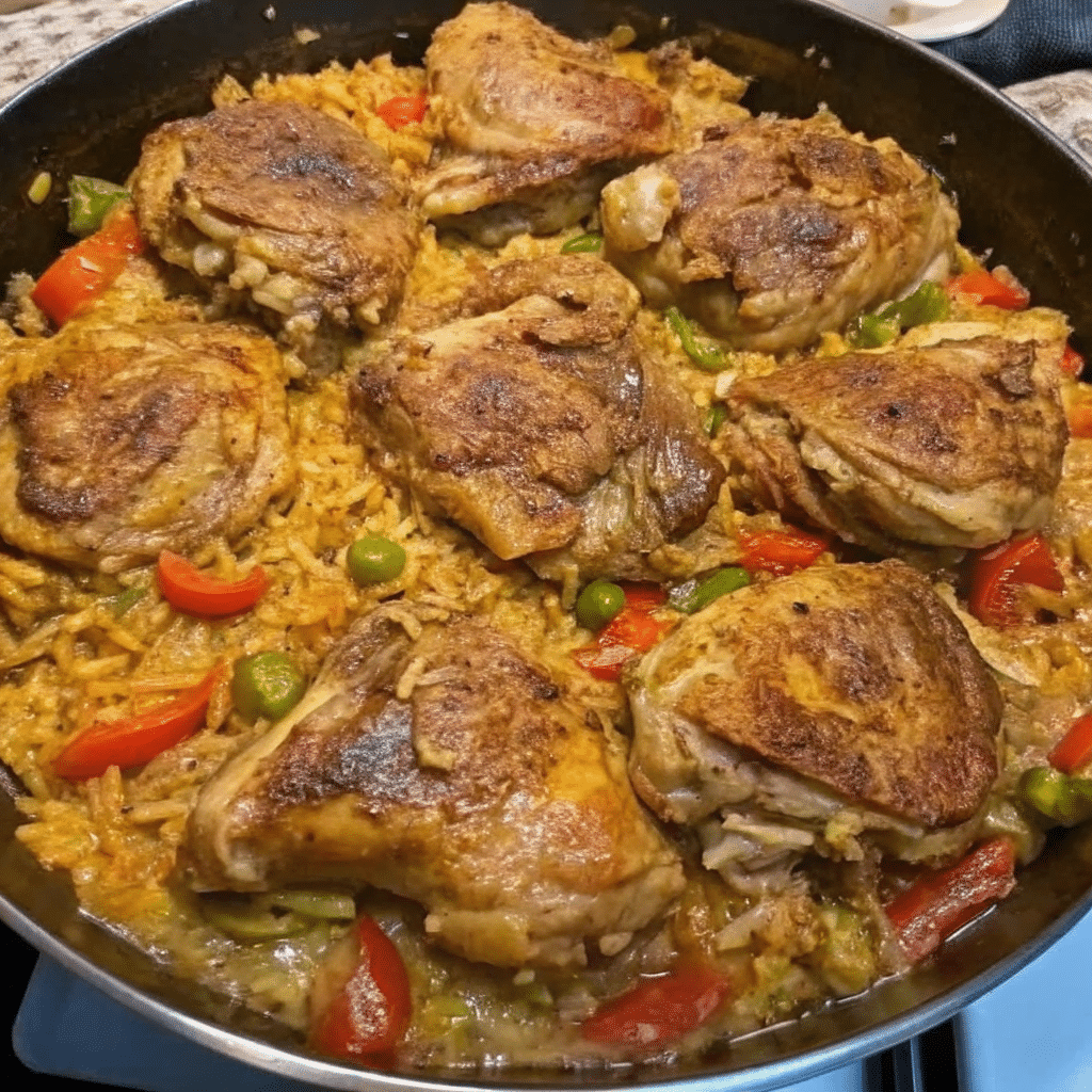 Cajun Chicken and Rice served in a skillet with juicy seasoned chicken thighs, fluffy rice, bell peppers, and fresh thyme.