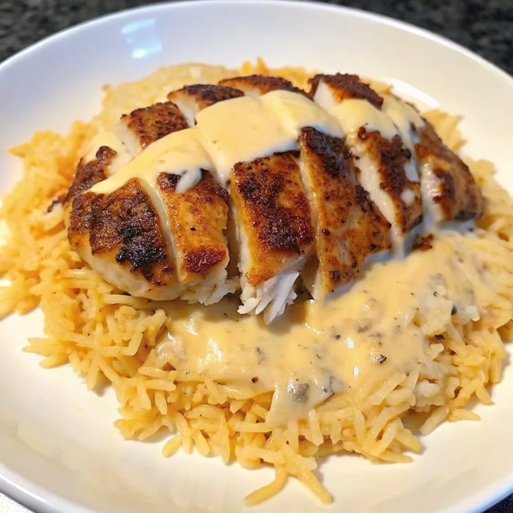 Creamy Cajun Chicken and Rice served with sliced seasoned chicken over fluffy white rice and topped with rich Parmesan cream sauce in a skillet-style presentation.