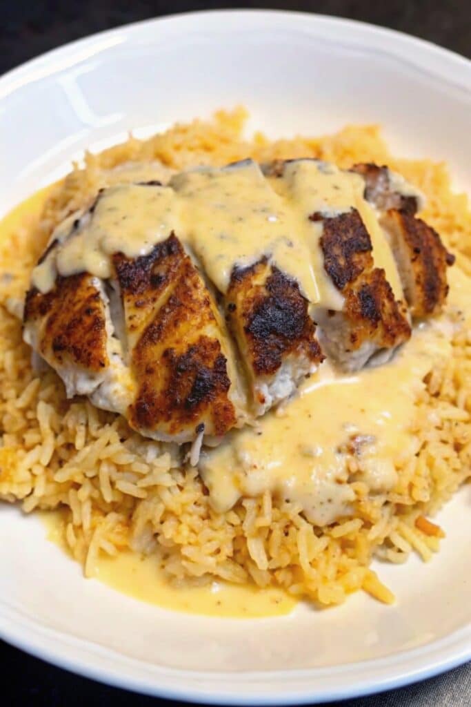 Close-up of Creamy Cajun Chicken and Rice with golden seared chicken slices, creamy Cajun sauce, and fluffy rice on a plate.