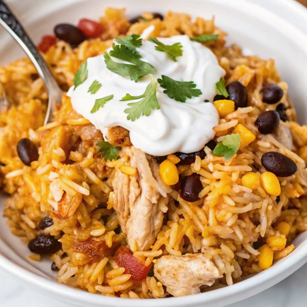 Chicken Burrito Bowl Bake topped with melted cheddar cheese, sour cream, and fresh cilantro in a baking dish.