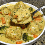 Creamy Broccoli Cheddar Chicken and Dumplings served in a bowl with tender chicken, broccoli florets, melted cheddar cheese, and fluffy dumplings.